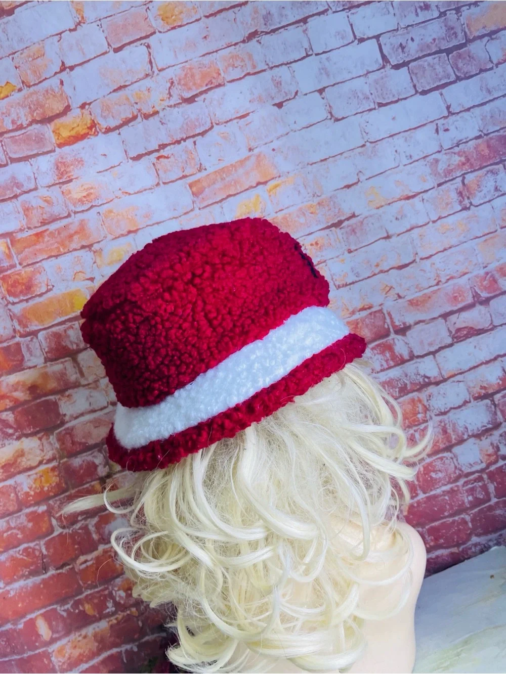 Holiday Time Red and White Fuzzy Ponytail Bucket Hat Hat